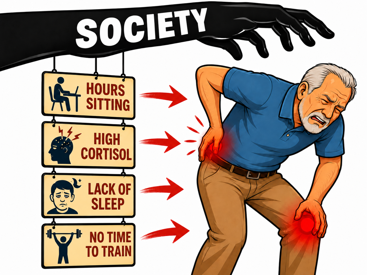 Illustration showing how modern sedentary society locks up the body like a puppet, with dormant glutes highlighted